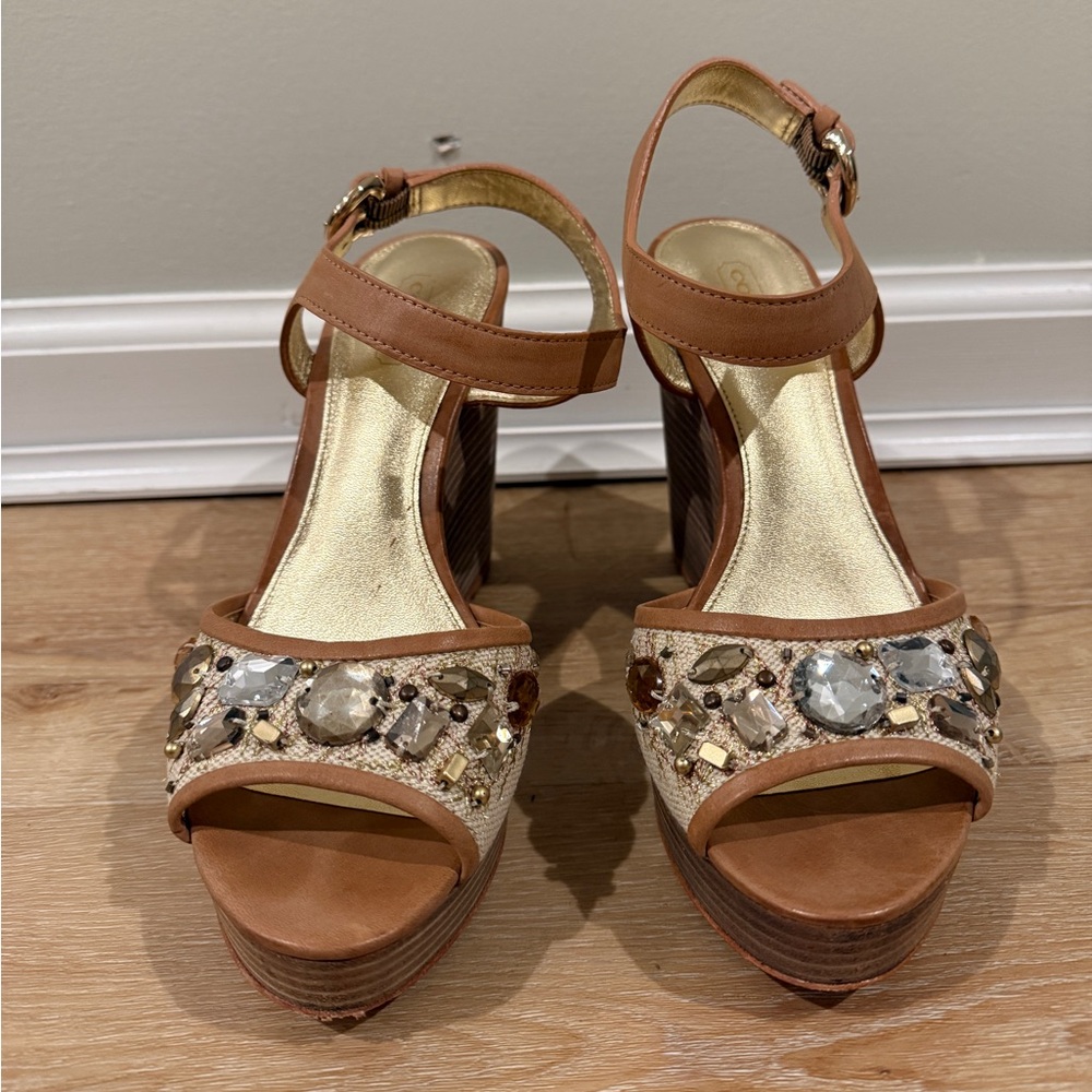 Coach Hanson Y2K Jeweled Platform Wedge Sandals in tan and gold canvas size 7.5 - Picture 2 of 10